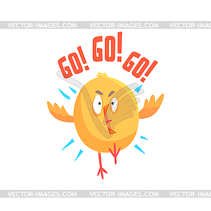 Funny cartoon comic chicken with phrase Go, Go, Go - vector image