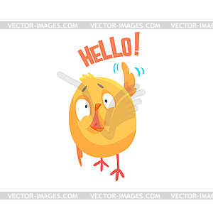 Funny cartoon comic chicken with phrase Hello - vector clipart