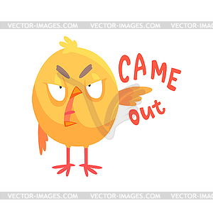 Came out, funny angry cartoon comic chicken - vector image