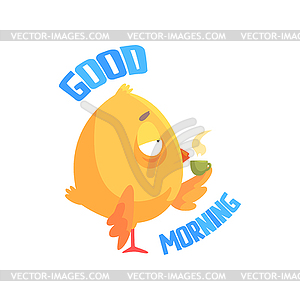 Good morning, funny cartoon comic chicken drinking - vector clipart