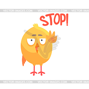 Stop, funny cartoon comic chicken showing hand - vector clip art