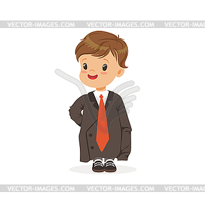 Cute boy wearing dult oversized suit, kid pretendin - vector clip art