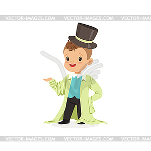 Adorable boy wearing dult oversized clothes and - vector clip art