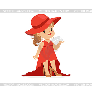 Beautiful girl wearing dult oversized elegant red - vector image