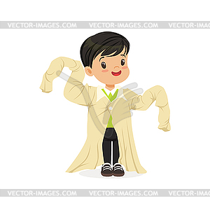 Ark haired boy wearing dult oversized clothes, kid - vector clip art