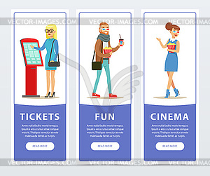 People going to watch movies, cinema banners set - vector image