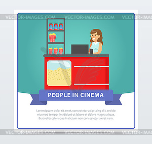 Saleswoman selling popcorn, people in cinema - vector image