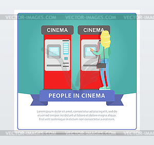 Young woman buying tickets in cinema automatic - vector image