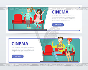 Happy people in 3d glasses with popcorn watching - vector image