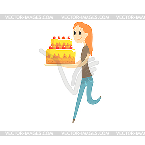Счастливый рыжий девочка с большой праздничный торт мультяшный - изображение в векторном формате