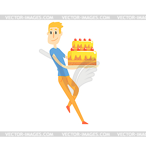 Smiling young man holding big festive cake cartoon - vector clipart