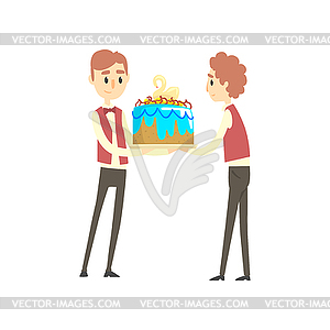 Two male waiter holding festive cake with swan - vector clipart