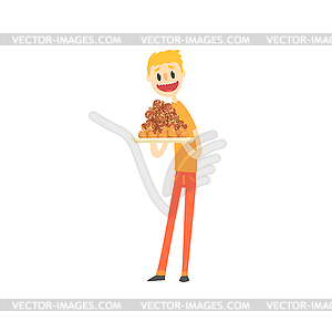 Happy man holding festive cake cartoon - vector image