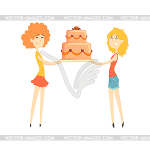 Two smiling young women holding festive cake cartoon - stock vector clipart