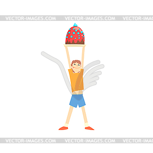 Happy boy holding big cake over his head cartoon - vector image