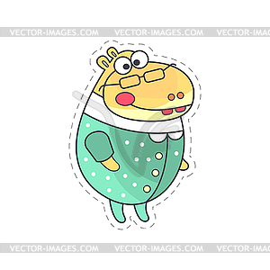 Cute funny hippo in green suit cloth patch, appliqu - vector image