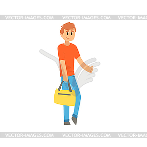 Man traveler with bag, hitchhiker guy trying to sto - vector image