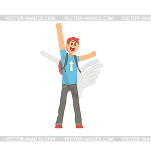 Young traveler man with backpack, hitchhiker man - vector image