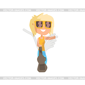 Cartoon female traveler hitchhiker with guitar, gir - vector image