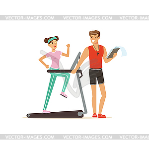 Professional fitness coach and young woman running - vector clipart