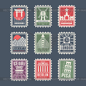 Collection of postage stamps, cities of world, s, - vector EPS clipart