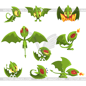 Set of cartoon green baby dragon character in - vector image