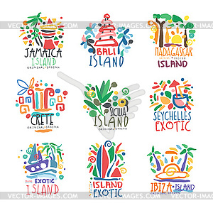 Exotic islands summer vacation colorful logo set - vector image