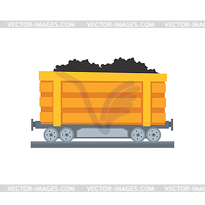 Cartoon yellow mine trolley on railway - vector image