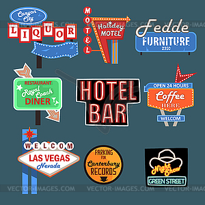 Neon signboards, billboards, light boxes and road - vector image