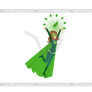 Smiling eco superhero fly with hands up - vector image