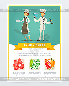 Плакат с семейными поварами вегетарианской кухни - векторное изображение EPS