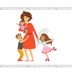Tired mother with crazy hair and her three kids in - vector clipart