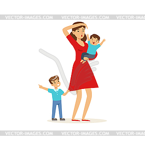 Cartoon tired mother and her sons - vector clip art