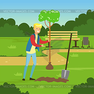 Flat man character planting tree in park - vector clipart