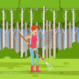 Ecological lifestyle concept with woman and rake fo - vector clip art