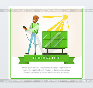 Ecological life style concept with man using sun - vector clipart