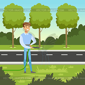 Eco life concept with man character watering plants - vector clip art