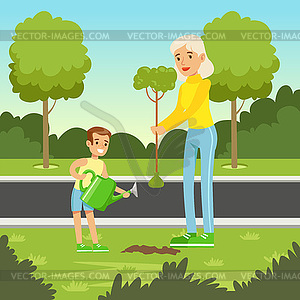 Eco nature background with mom and son planting tree - vector image