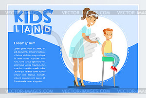 Woman pediatrician giving boy injection in arm - vector clip art