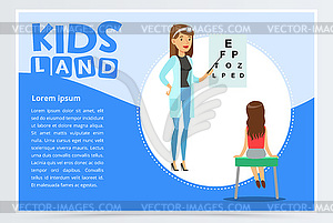 Woman oculist checks boy s eyesight - vector image