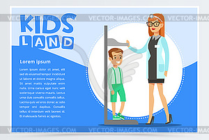 Therapist measures boy s growth on medical scale - vector image