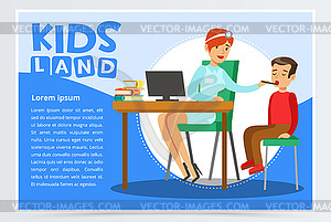 Pediatrician woman examining boy s throat with - stock vector clipart