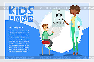 Boy in oculist s office checks eyesight - vector clip art