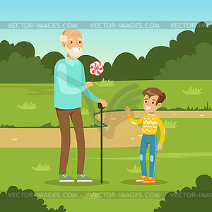 Grandfather giving sweet candy to kid - vector clip art