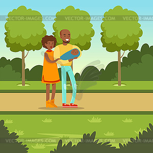 Young couple with newborn baby in park - vector clip art