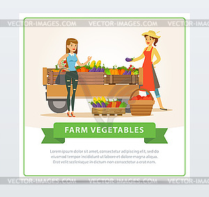 Farm vegetables street shop with farmer and buyer - vector clipart