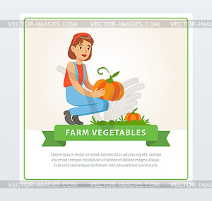 Happy woman farmer character harvesting big pumpkins - vector clipart