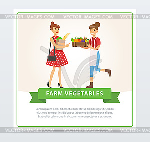 Two women characters standing with fresh farm - vector image