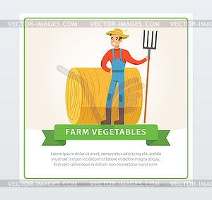 Smiling farmer stands with pitchfork in front of - vector image