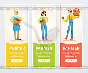 Set of vertical banners with happy smiling farmers - vector clip art